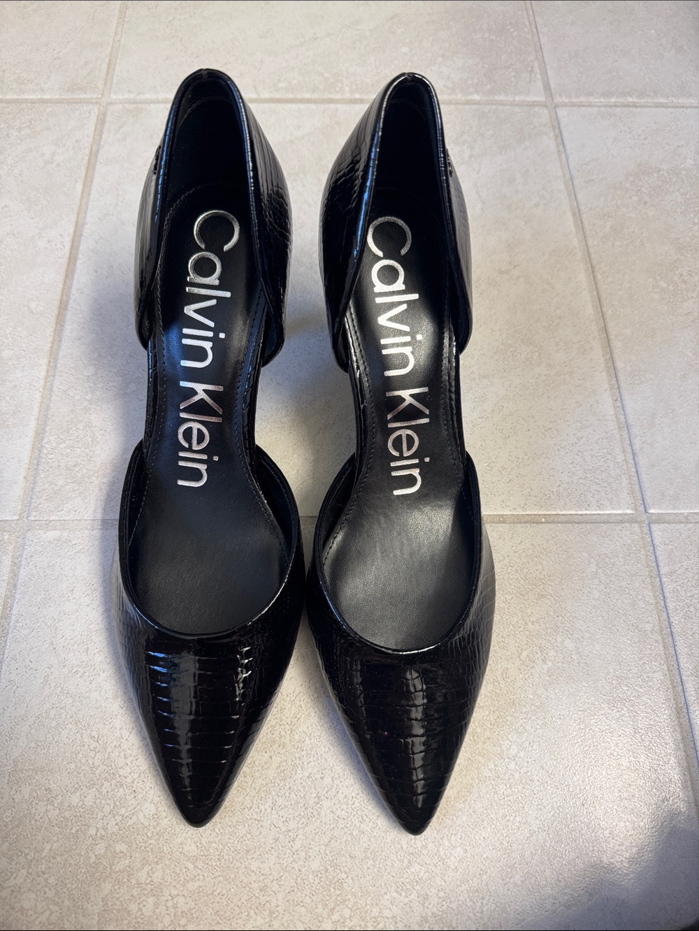 Calvin Klein Black Patent Croc-Embossed D'Orsay Pointed Pumps